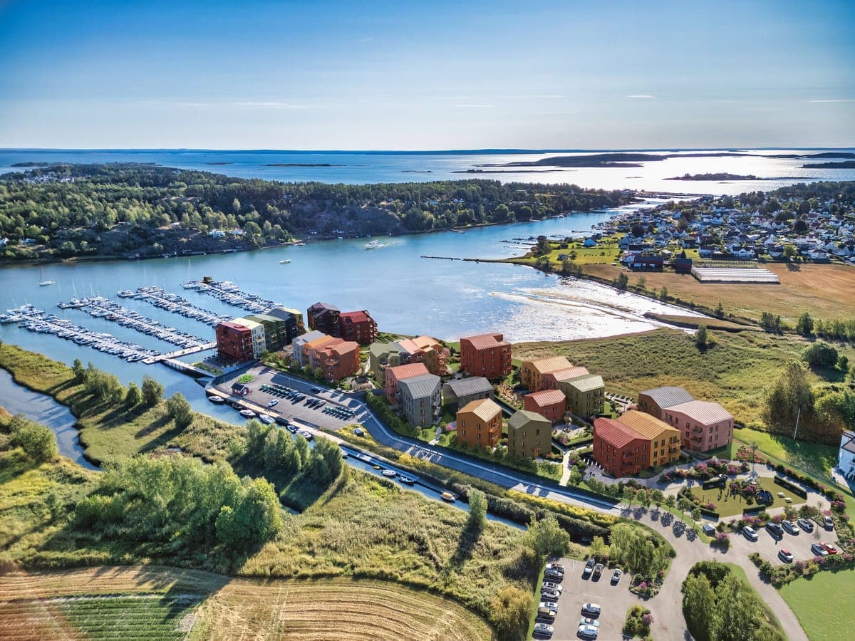 Områdeillustrasjon - fremtidige byggetrinn er redigert inn med AI basert på arkitektens tegninger.